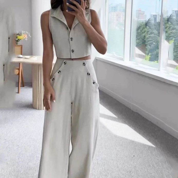 Fashion Pants Set 2024 Spring Summer Women\' Button Design Lapel Sleeveless Top Casual Loose Long Style Solid Color Two Piece Set