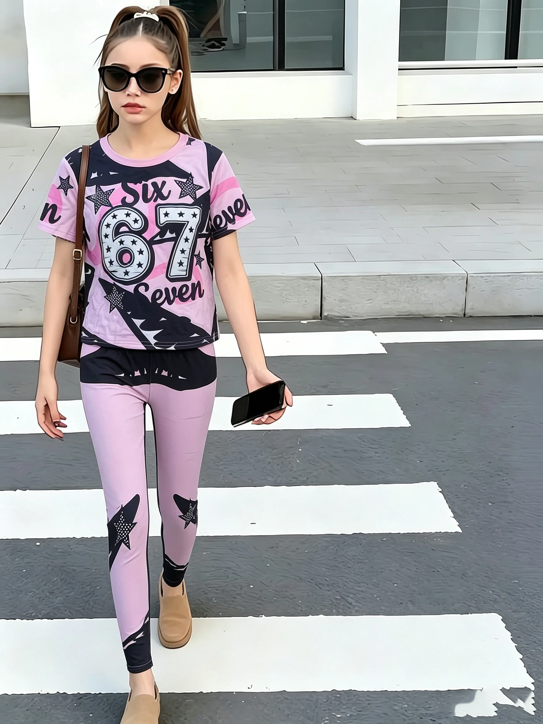 Girls 2Pcs Outfit Number 67 Star Print Short Sleeve T-shirt + Skinny Leggings Kids Casual Streetwear Clothes Set For 4-7Y