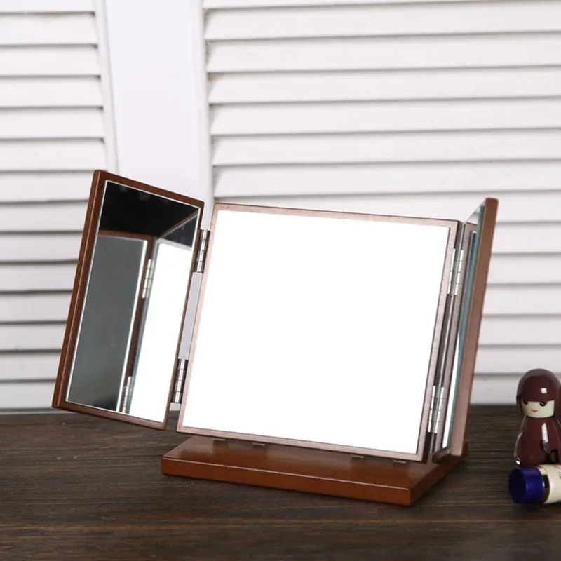 Makeup Mirror, Foldable Three Sided Wooden Carving Pattern Desktop Cosmetics, Dressing