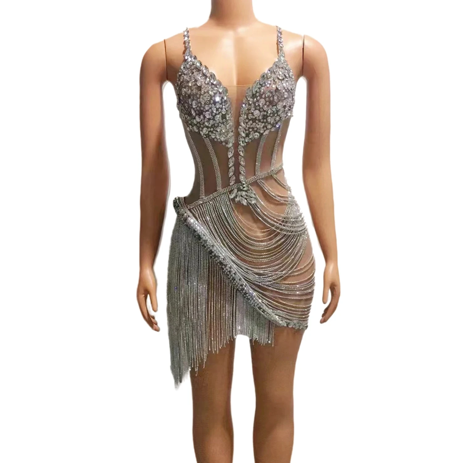 

Diamond Chain Dress Tight Sexy Host Catwalk Show Costume Outfit Dinner Party Nightclub Bar Singer Even Dresses