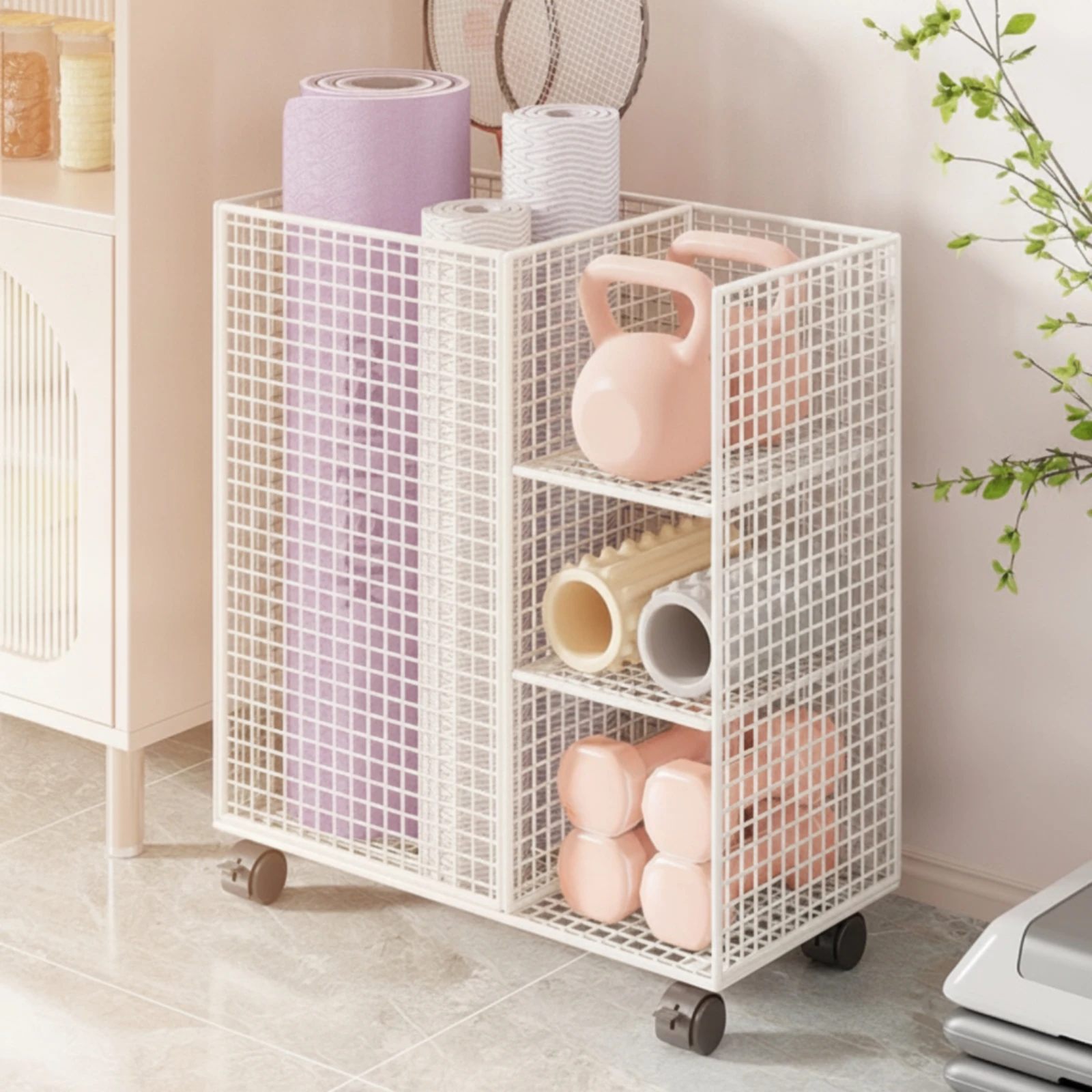 Mobile Sports Equipment Storage Cart Sturdy Open Grid Storage Cart with Caster Wheels Compact Space-Saving for Home Gym, Studio