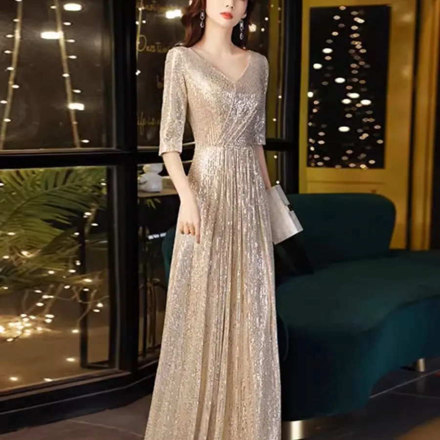 ASL-85#Champagne Colored Evening Dress Women's Banquet Temperament High-end Sequins Adult Birthday Host Dress Wholesale Cheap