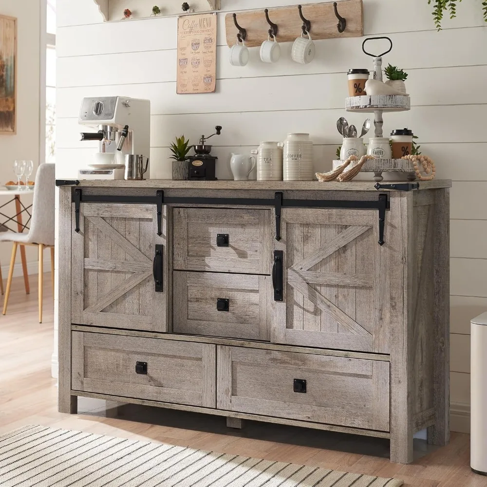 Farmhouse Sideboard Buffet Cabinet with Storage, 31.2'' Tall Kitchen Cabinet with 2 Sliding Barn Doors and 4 Drawers, Rustic Wo