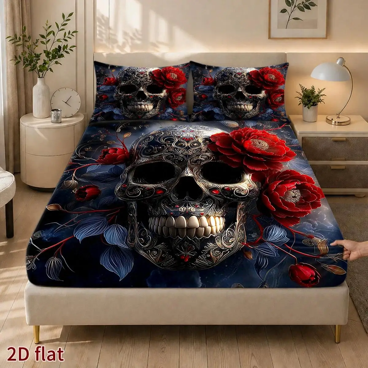 2D Flat Priting, Mattress Protector, Skull and Red Rose Theme, Dark Gothic Painting Style, Halloween Season, Suitable for All Seasons, Machine Washable, Universal for Home, Master Bedroom, Dormitory, Guest Room, Dustproof and Stain-Resistant, Easy to Store, High Elastic Fit, Soft and Comfortable, Enhances Bedroom Atmosphere, Three-Piece Mattress Protector Set