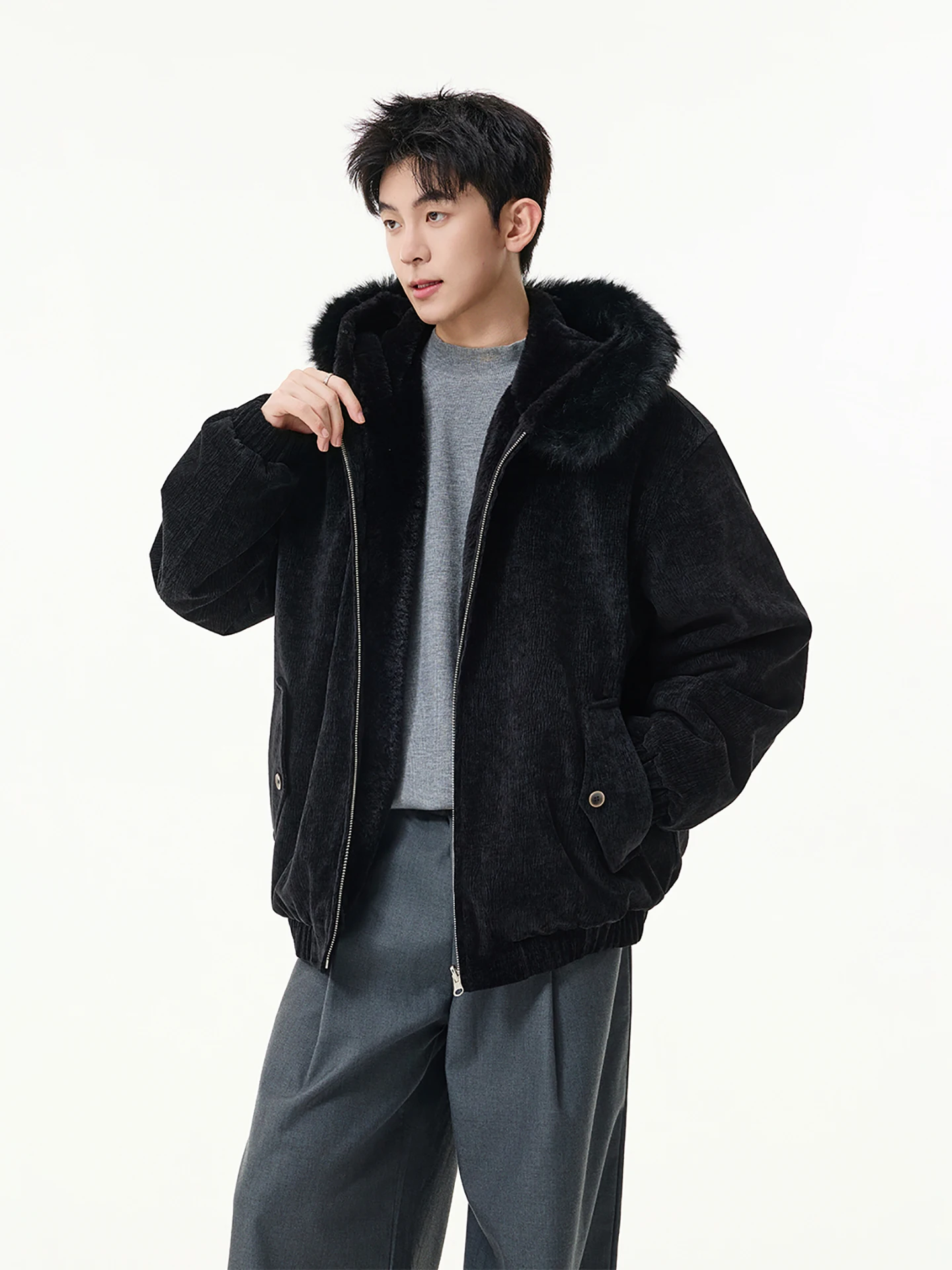 

Boyue Double-Sided Wear Winter Cotton Jaet with Hood Lamb Fur Collar Men's Women's Warm Versatile Outerwear Youth Faion