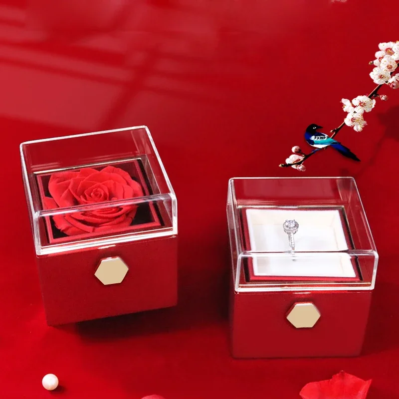 2024 Valentines Day Rotating Eternal Rose Gift Box Acrylic Ring Necklace Preserved Flower Jewelry Box For Girlfriend Gifts