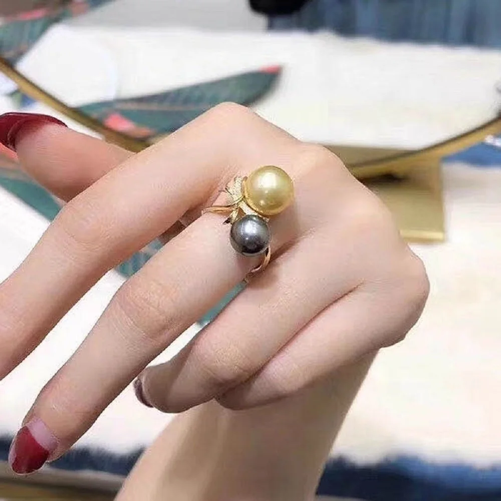 

Double Pearl Ring AAA 8-11mm Natural South Sea Round Pearl Ring 925s