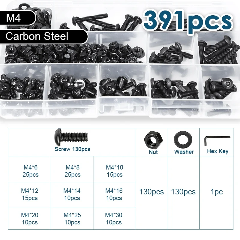 M1.6 M2 M2.5 M3 M4 M5 M6 M8 Innensechskant-Halbrundkopfschrauben, Muttern und Unterlegscheiben Set, Schwarz, Güteklasse 12.9, Inbus-Rundkopfschrauben und Muttern Kit