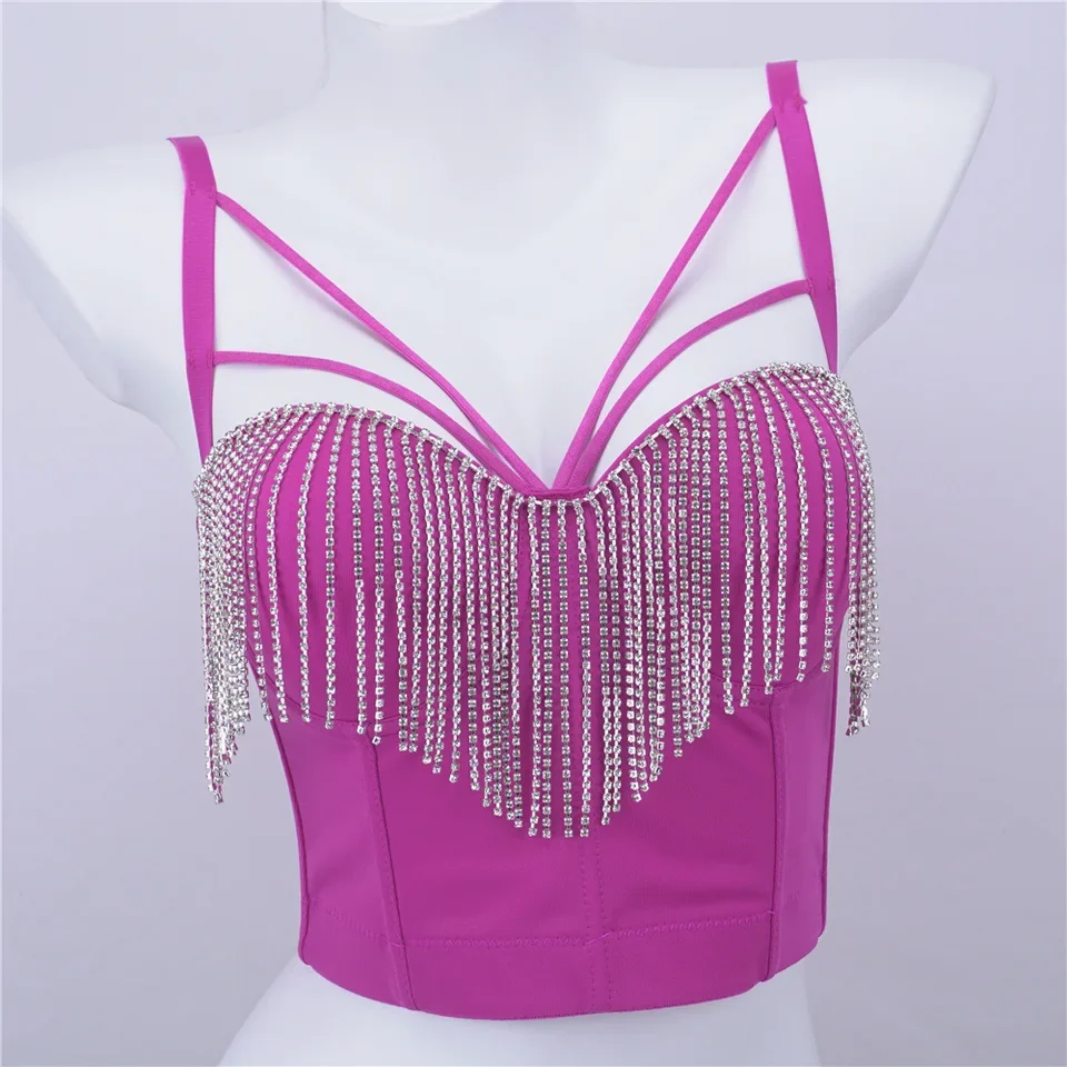 Crossed Rhinestone Tassel Chain Bustier Niche Hottie One Piece Corset Euromodern Party Sexy Sparkling Seductive