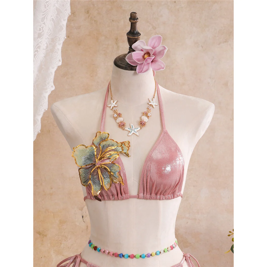 3D-Blumen mit Rock, Neckholder-Bikini, Damen-Badebekleidung, dreiteiliges Bikini-Set, gepolsterter Badeanzug, Badeanzug, Schwimmbekleidung V8368 – Detail 18
