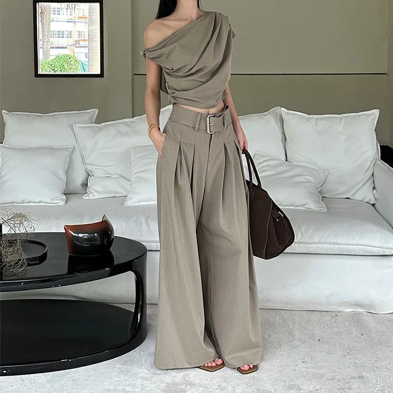 2026 Irregular Tube Top Wide-leg Pants Set Women's Fashion Design Top Temperament Suit Trousers Two-piece Set