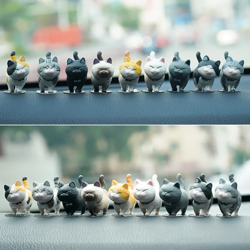 9Pcs Car Decoration Cat Rotate Head Doll Kitty Creative Auto Ornaments Toys Cat Micro Landscape Model Cute Car Accessories Gifts