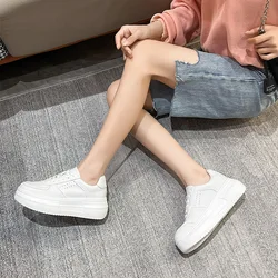 Meotina Women Genuine Leather Round Toe Platform Flats Lace Up Ladies Sneakers Cross-tied Fashion Spring Autumn Shoes White