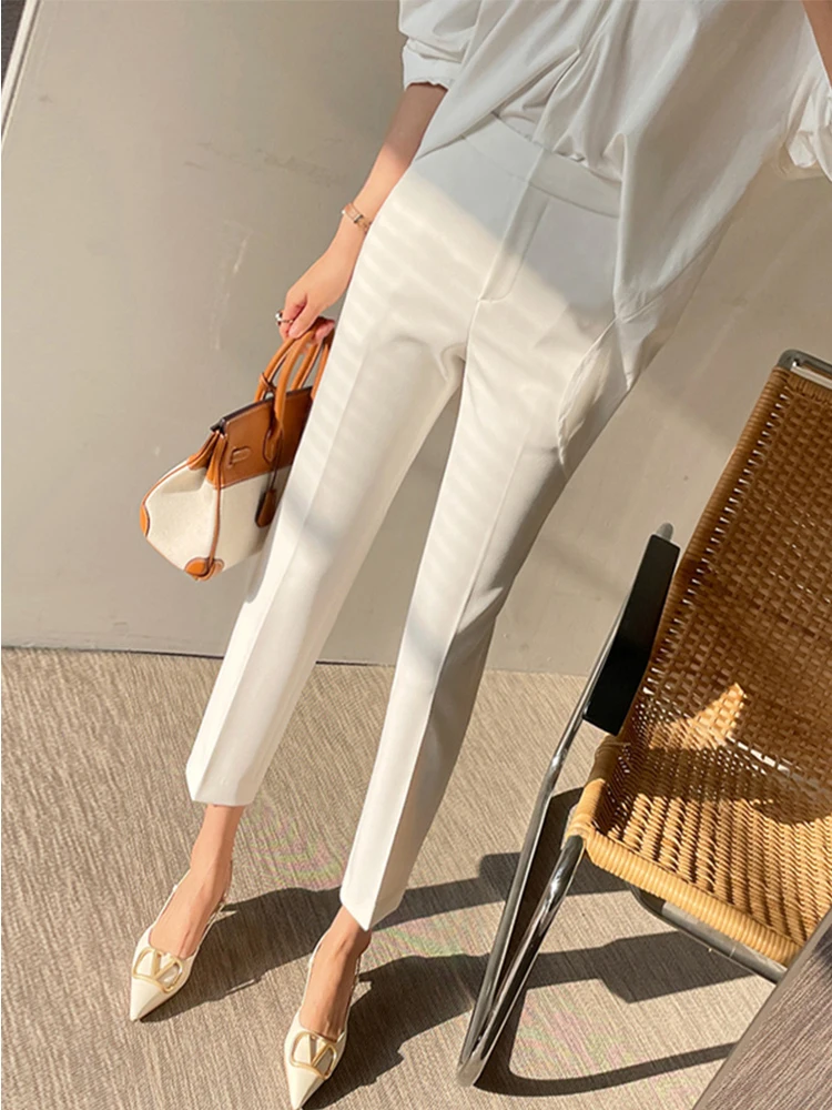 

White Straight Leg Suit Pants Women's Summer Thin OL Nine Points Work Pants High Waist Slimming Summer Professional Straight ...