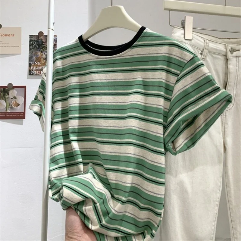 Summer 2026 Women's Loose Fit Short Sleeve T-Shirt Color Block Striped Casual Design Slimming Effect Korean Style Top