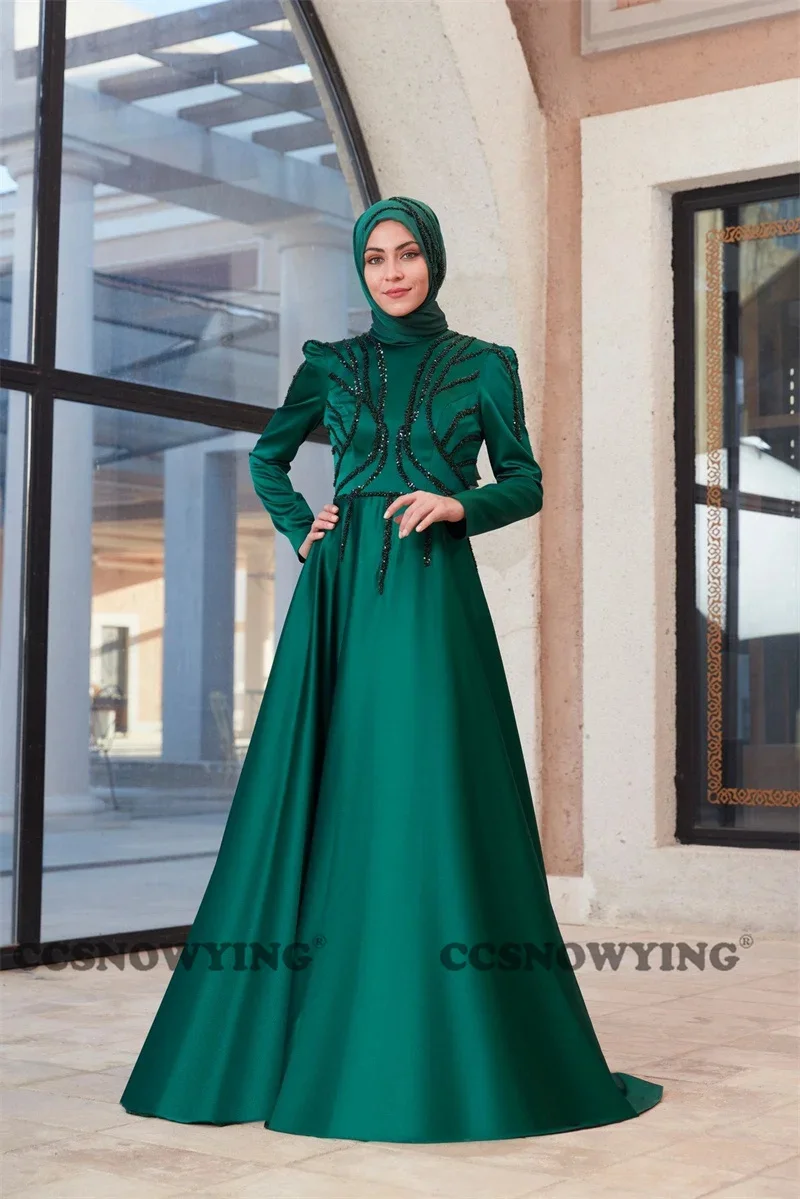 

Green Satin Beaded Muslim Hijab Evening Dress Islamic Long Sleeve Formal Party Gowns Arabic Dubai Women Robes De Soirée