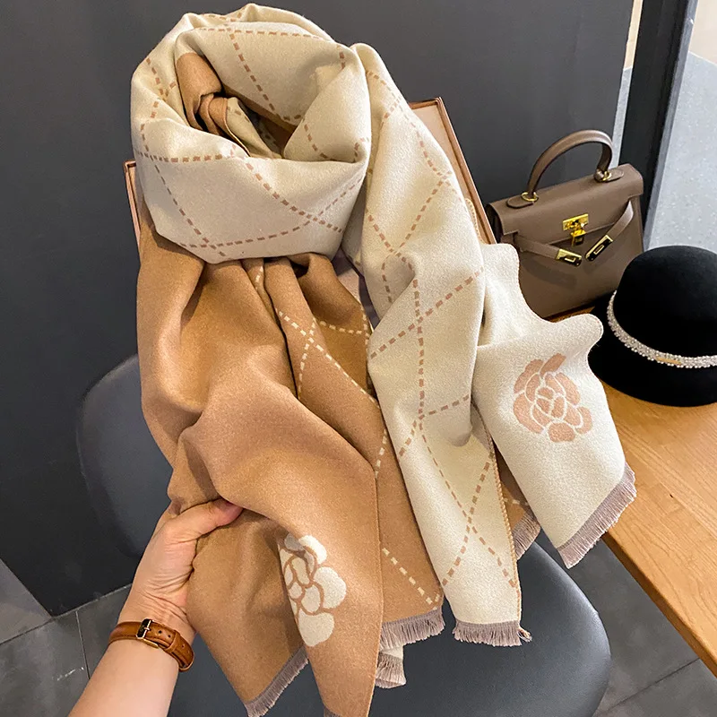 

Camellia Imitation Cashmere Scarf for Women's Winter Korean Style Versatile and Elegant Double-sided Warm Scarf Fashion Shawl