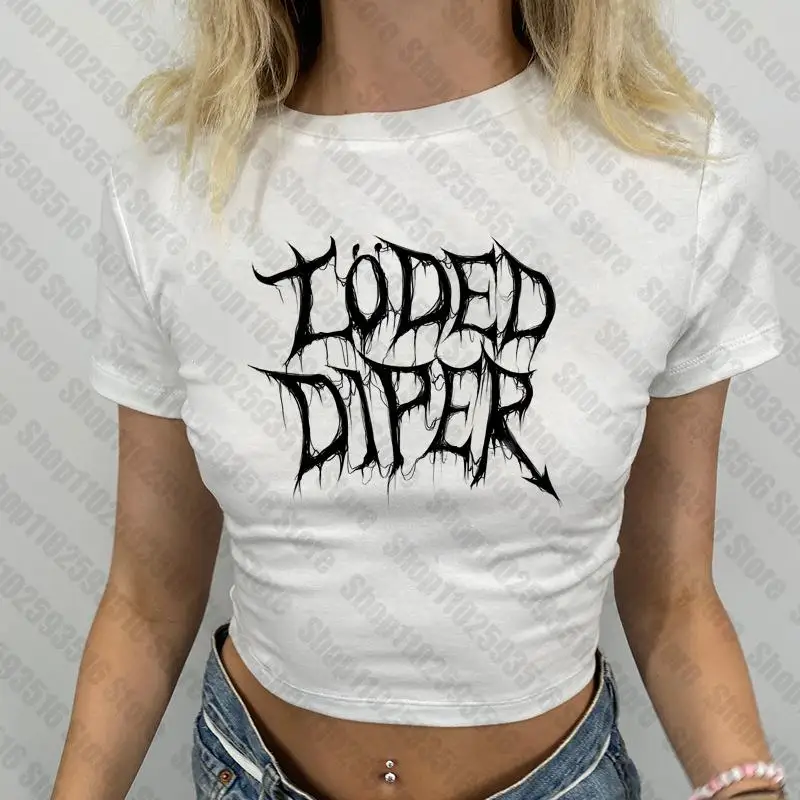 Aesthetic Summer Baby Tee Streetwear Gothic Harajuku loded diper letter Graphic emo T-shirt Vintage Crop Top Women Y2K clothes