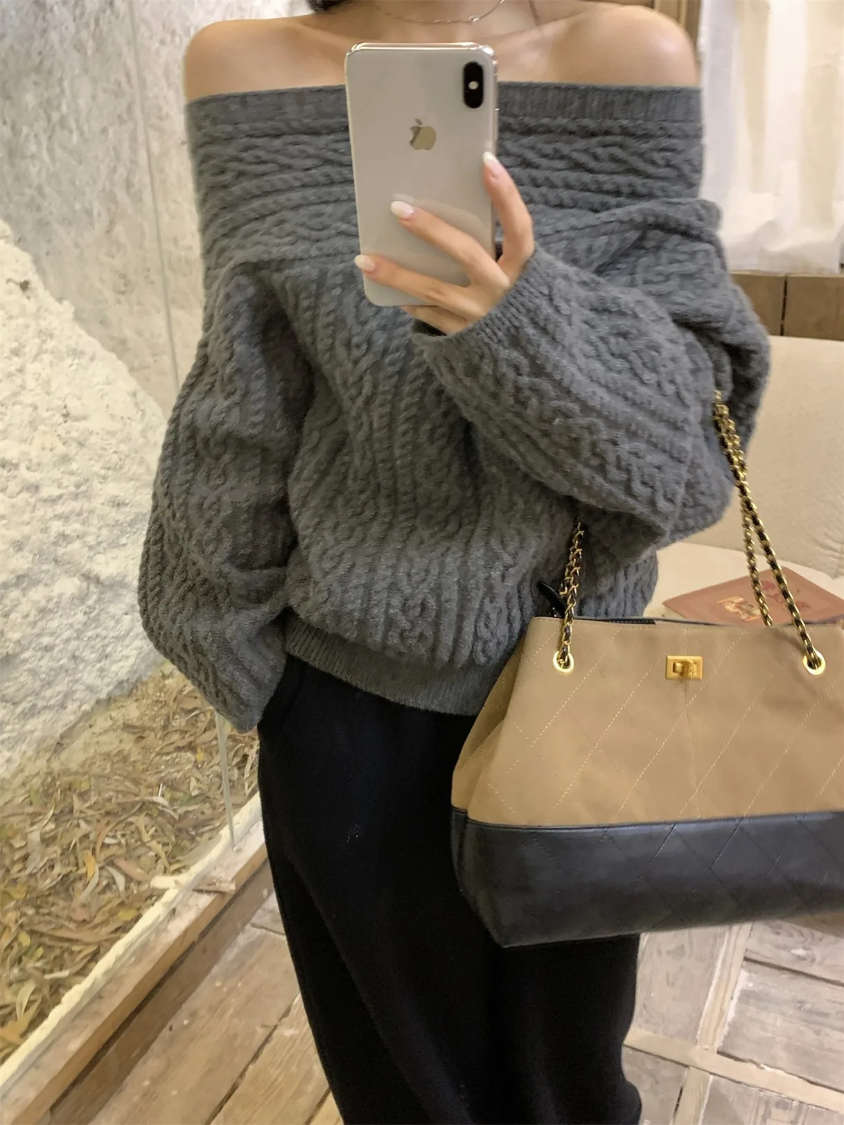 

Свободный вязаный свитер женский с открытыми плечами, длинными рукавами, с узором косы, повседневный, теплый, осенне-зимний, модный, больших размеров, трикотаж