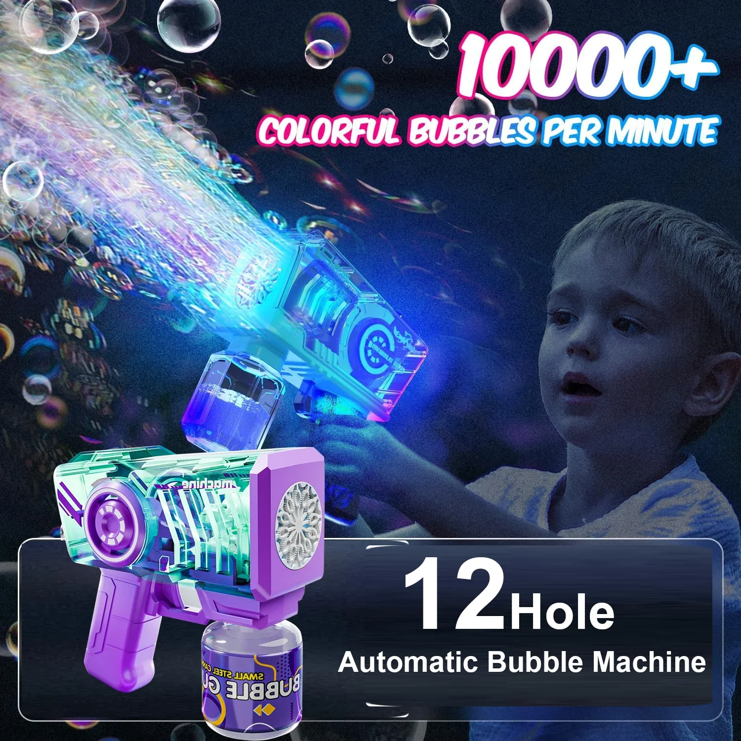 Máquina automática de sopro de bolhas, brinquedo elétrico ao ar livre, soprador de bolhas de corpo transparente, pistola mecânica de bolhas com brinquedos de iluminação