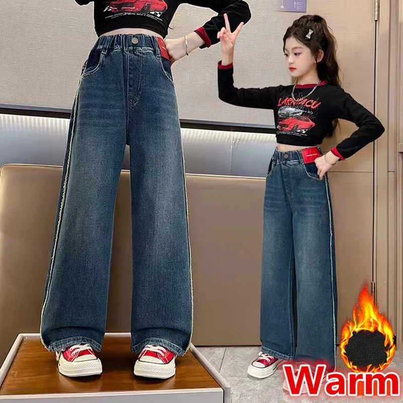 

Teenage Girls Winter Thick Fleece Warm Jeans Children Slim Straight Insulated Denim Pants Kids Casual Thermal Jeans Trousers