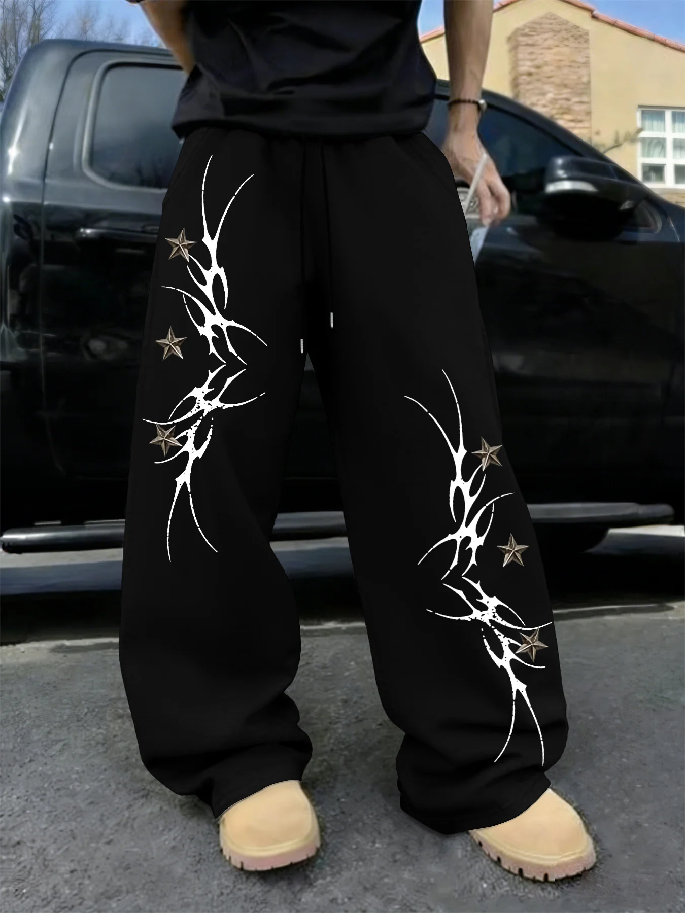 Men's Thorns Star Print Straight Sweatpants Hip Hop Casual Sports Trousers S-3XL