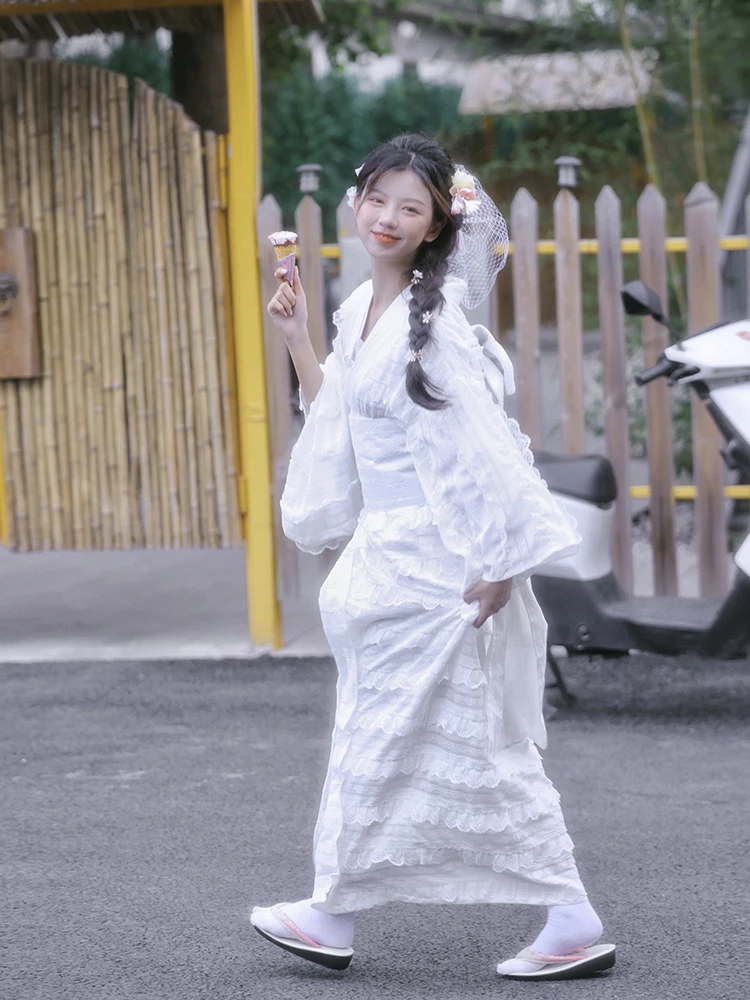 Japanese Style Large Roman Lace Kimono Bathrobe Dress White