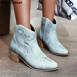 2024 Winter New Pointed Toe Western Cowgirl Boots Cowboy Boots Shoes Women Ankle Boots Cossacks Femal Shoes Chelsea Botas Mujer