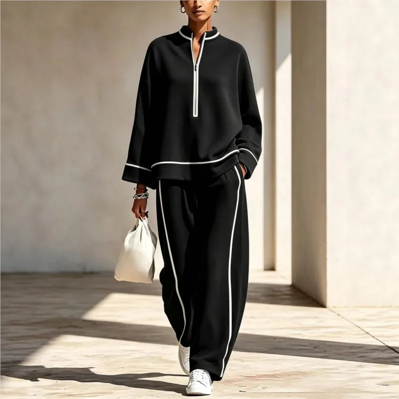 Women's New Suits Autumn Winter Fashion Versatile Wind Cotton Blend Rolled Edge Half Zipper Pullover Wide Leg Pants Sports Sets