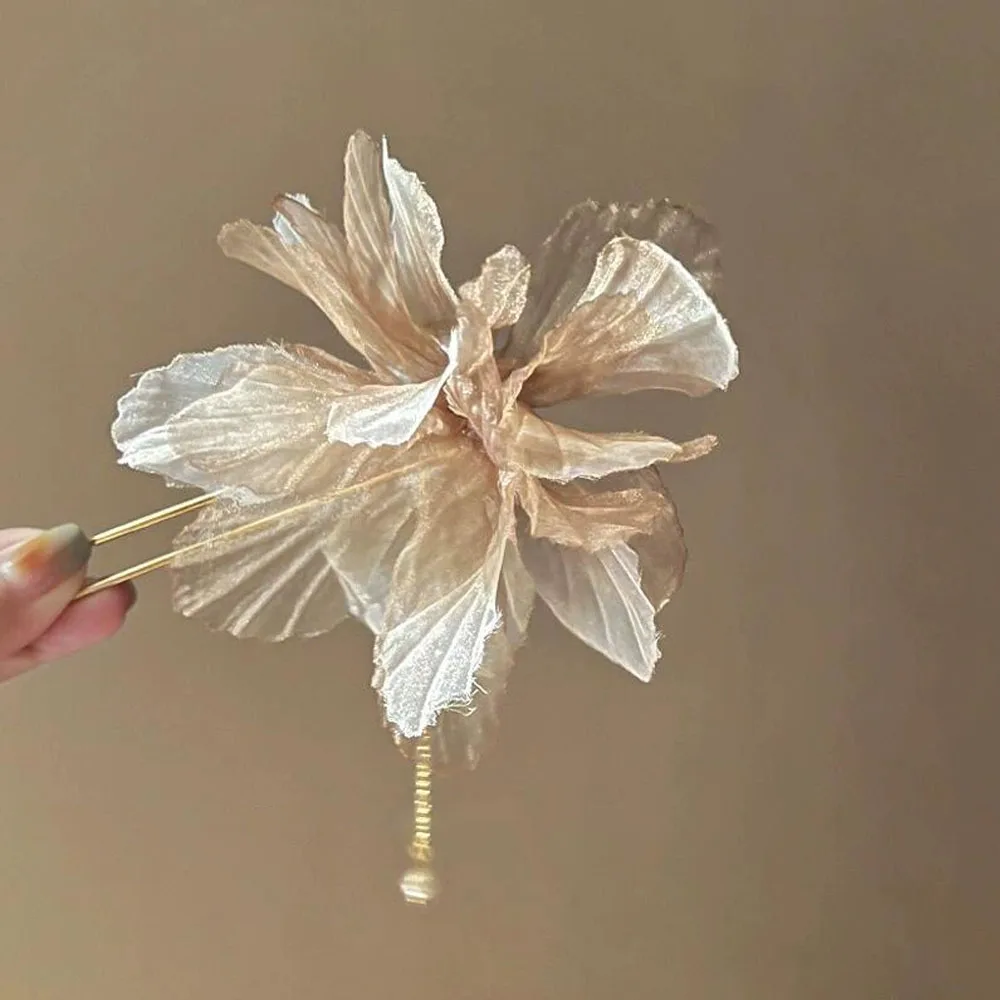 1/3 قطعة دبوس الشعر على شكل حرف U دبوس الشعر الصيني الجديد دبوس الشعر الجنية الرجعية يدويا زهرة الحرير الكبيرة شرابة دبوس الشعر ملحقات الشعر