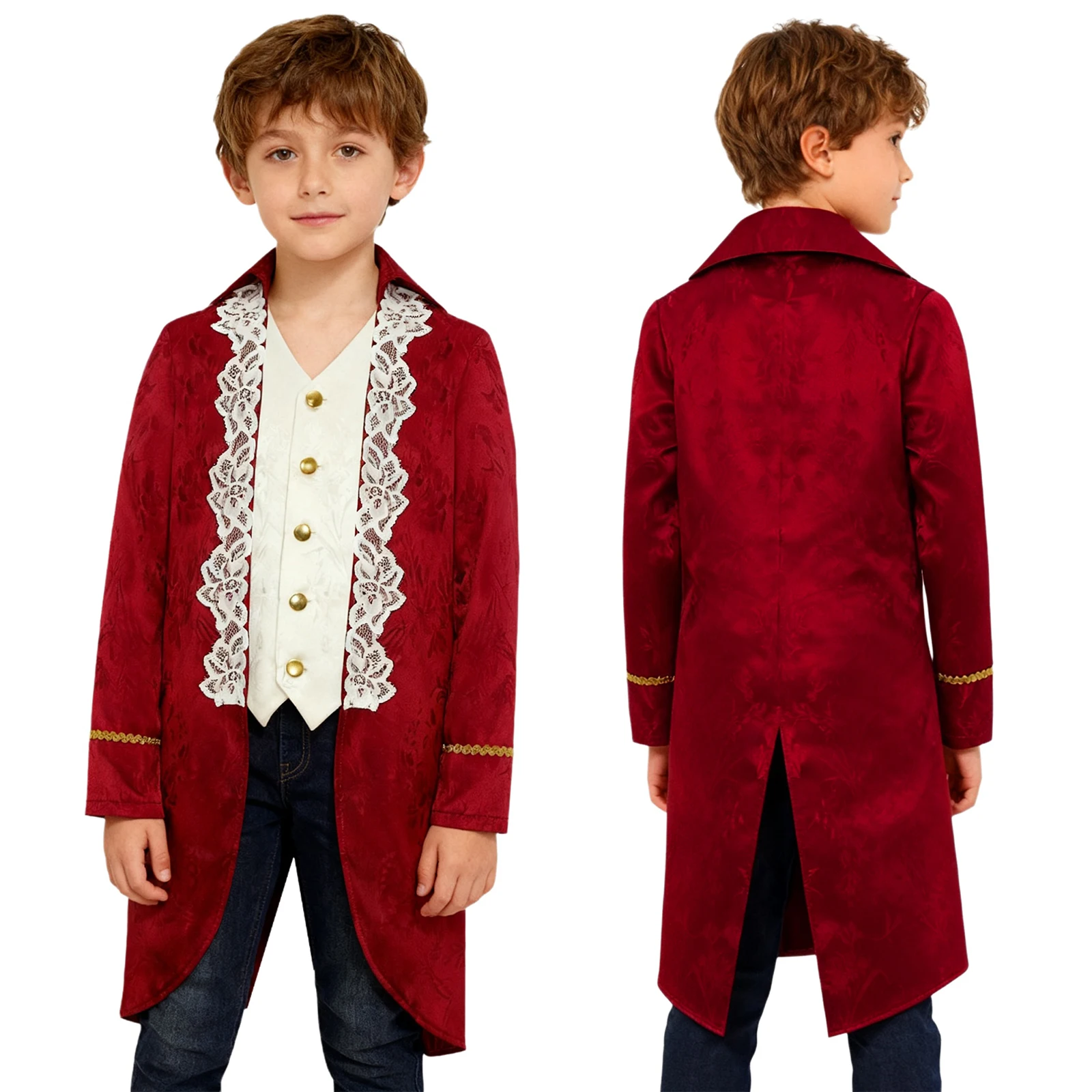 Jongens Middeleeuwse Victoriaanse Slipjas Halloween Steampunk Gotische Uniform Jas Lange Mouwen Goud Trimmen Nep 2-in-1 Jas Uitloper - afbeelding 2