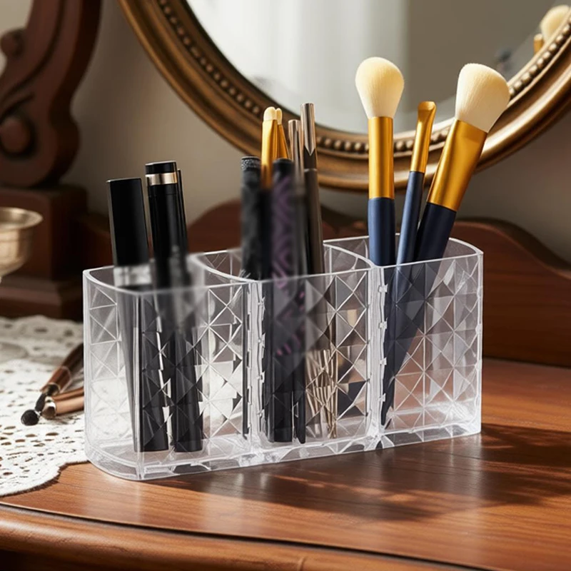 

1Pc Acrylic Transparent Three Grid Cosmetic Storage Box Diamond Pattern Makeup Pen Eyebrow Pen Storage Box Desktop Pen Holder