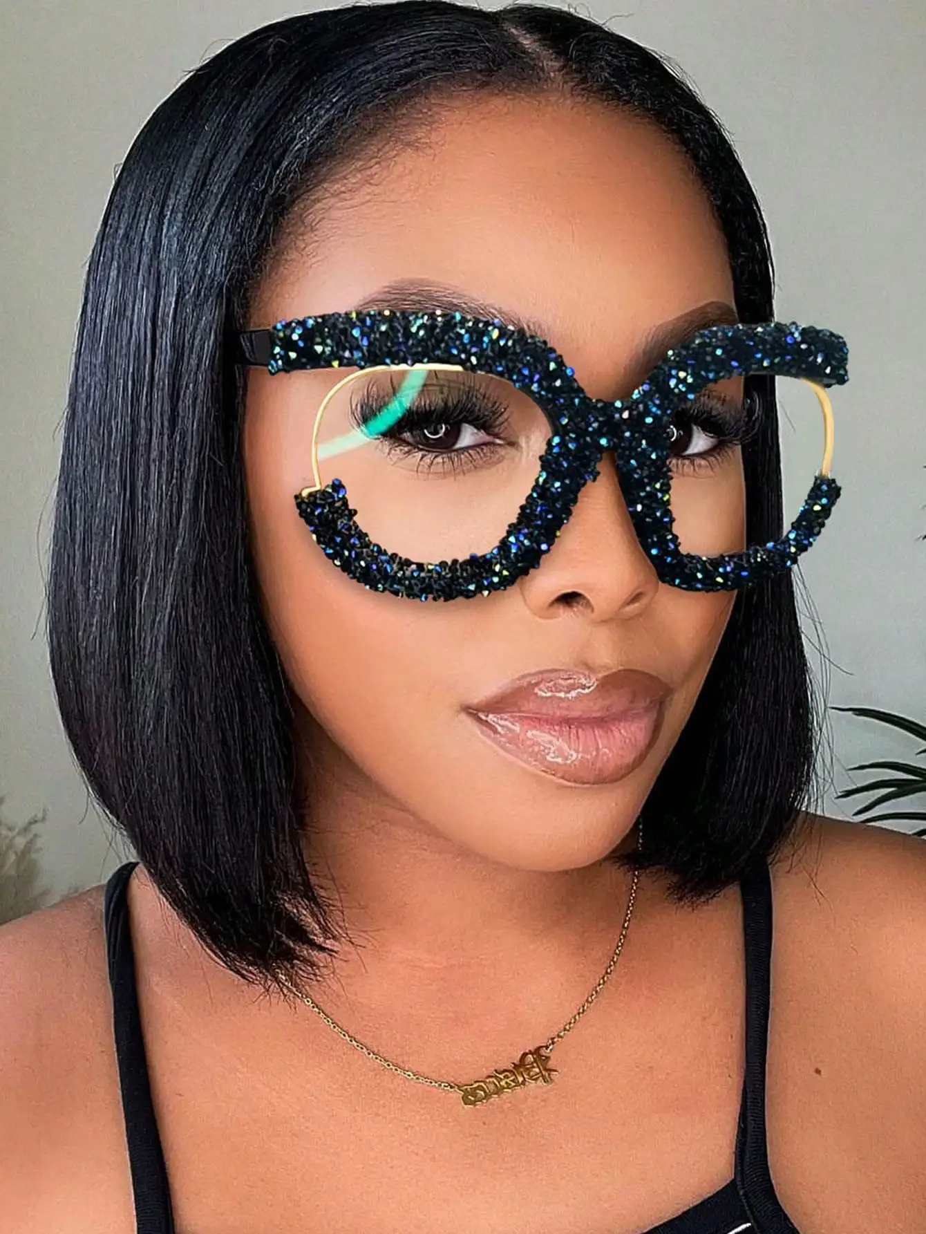 

1pc Oversized Round Fashionable Glasses With Diamond Studded Half Frame, Personalized Multifunctional Glasses Frame, Transparent