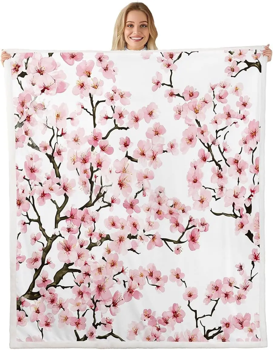 Spring Flowers Flannel Blanket,Cherry Blossom Floral Bed Blanket for Home Decor,Japanese Style Blankets for Kids Adults Sofa