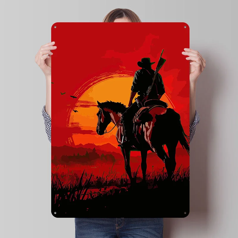 Cowboy on Horse At Sunset Metal Poster Custom Wall Art Retro Vintage Tinplate Signs for Man Cave Modern Home Decoration Luxury