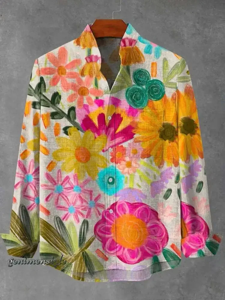 2025 Shirt Elegant Fragmented Pattern Printed Top Spring and Autumn Men's Fashion Stand collar Linen Long sleeved