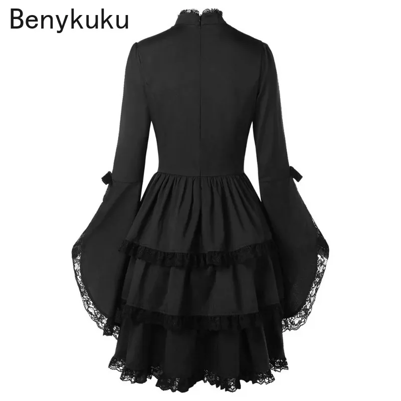 Women Gothic Punk Dress Long Flare Sleeve Sexy Black Mesh Sawing Medieval Vintage Elegant Lace Up Goth Retro Party Mini Dresses