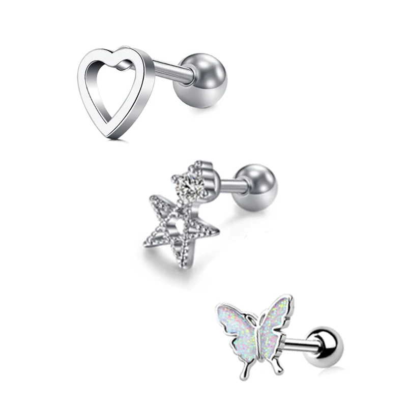 3Pcs 16G Heart Flower Tragus Helix Stainless Steel Labret Lip Bar Rings Stud Cartilage Piercing Ear Studs Cross Jewelry 1.2x6mm
