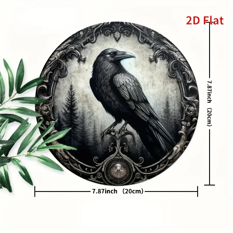 Gothic Forest Raven Ornate Frame Round Metal Sign, 1pc 2D Flat Dark Style Decorative Tin Plaque, 20x20 Vintage Witchy Home Wall