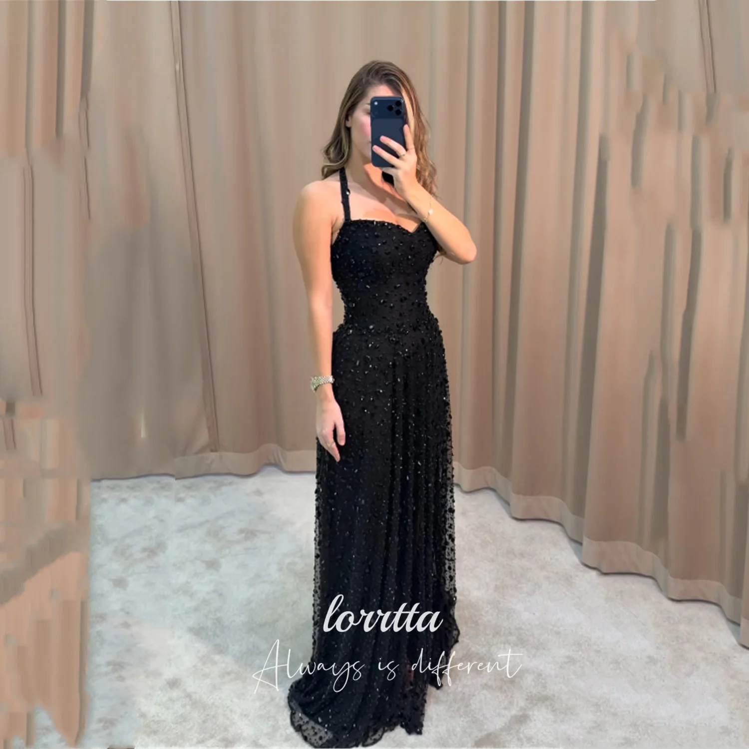 

Lorrtta A-line Women's Evening Dress Black Spaghetti Straps Elegant Party Dresses for Special Occasions Diamond Jewelry Luxury