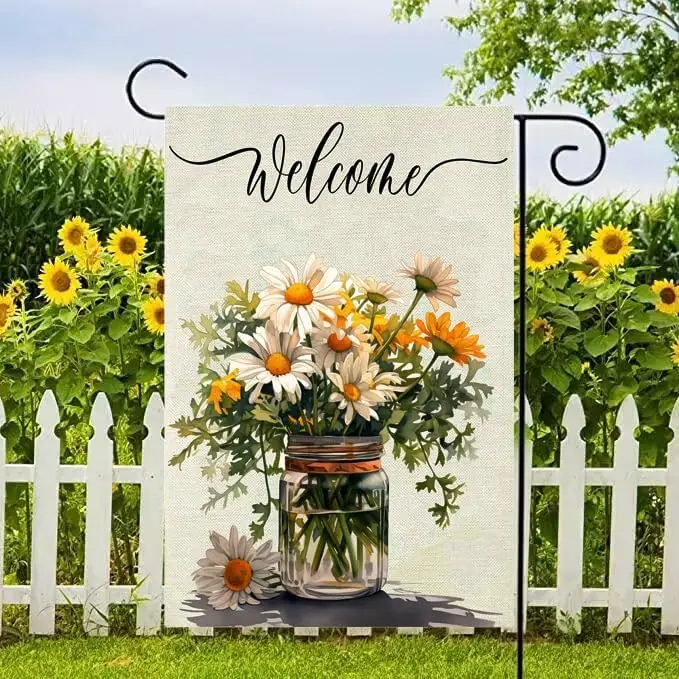 Spring Summer Floral Garden Flag,Daisy Jar Arrangement Vase Welcome Garden Flag, 12 x 18 Inch Double Sided Vertical Burlap Summe