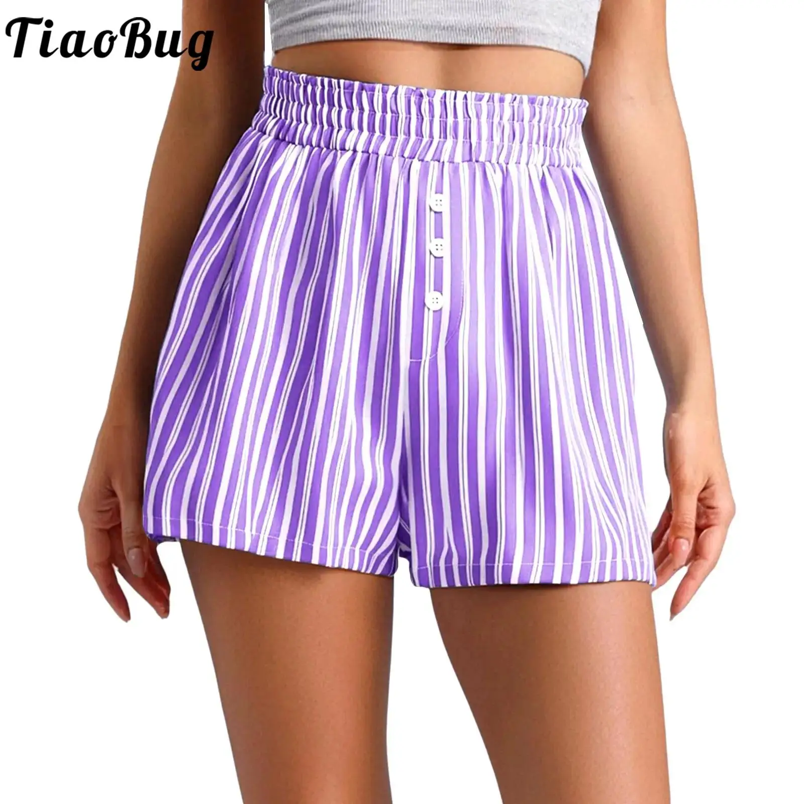 

Women Fashion Striped Shorts Bottoms Causal Elastic High Waist Side Pockets Shorts for Loungewear Office Vacation Beach