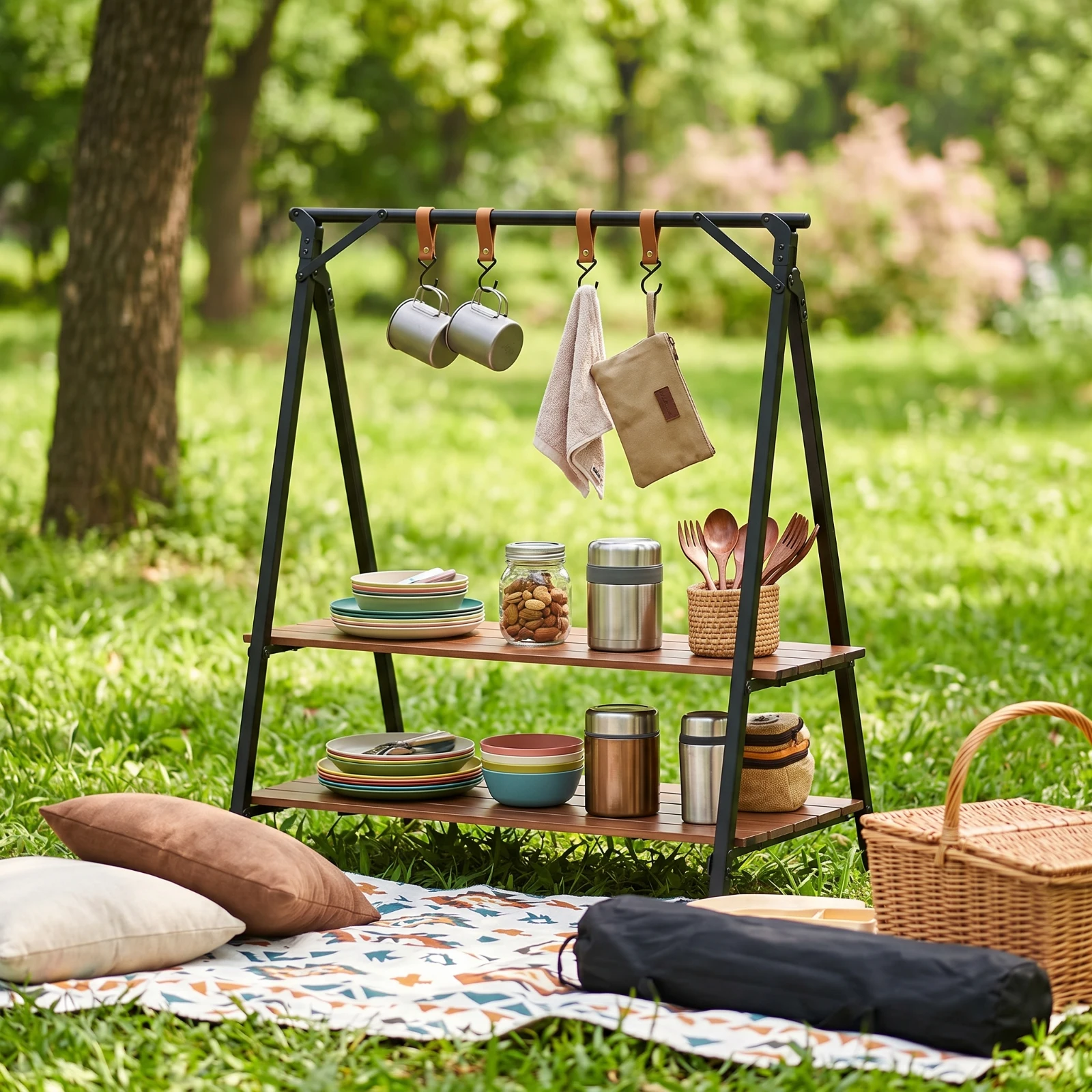 Camping Shelf with Carry Bag Foldable Folding Rack with Hooks Outdoor Organizer Rack Portable Storage Furniture Sturdy