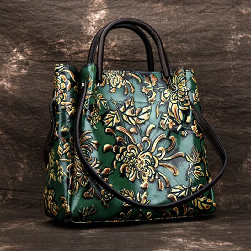 Natural Skin Embossed Messenger Shoulder Female Handbag Tote Bags Floral High Quality Genuine Leather Women Top Handle Bag