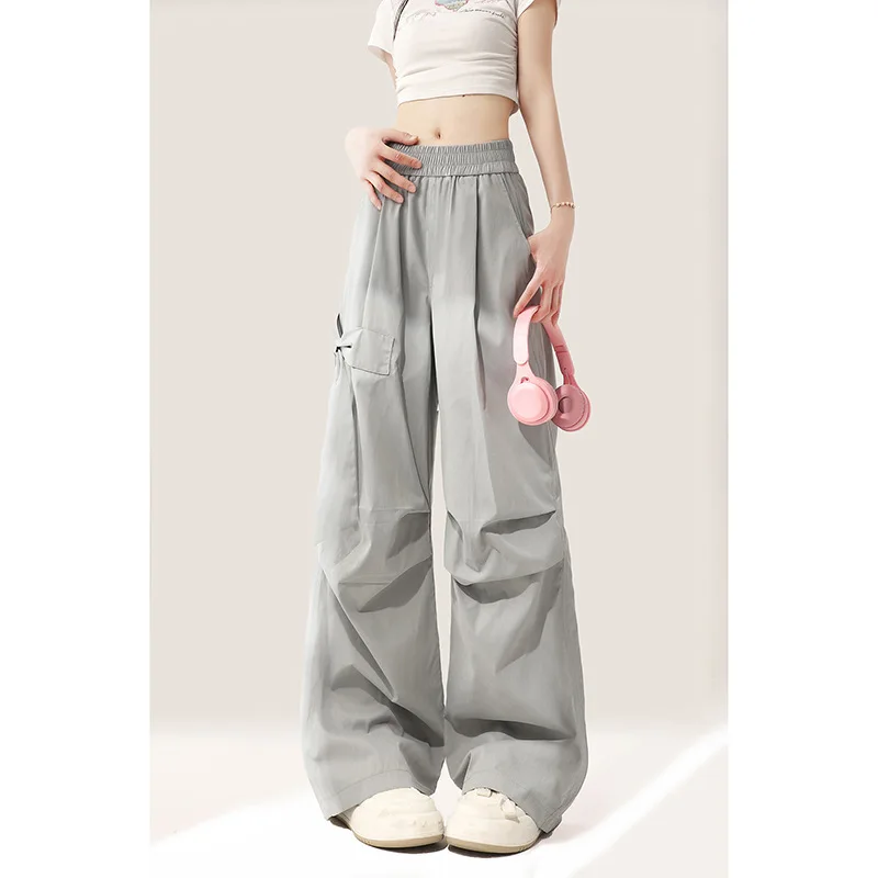 Grey Bow Quick Drying Work Pants For Women Summer 2024 New Elastic High Waisted Casual Loose Wide Leg Long Pants