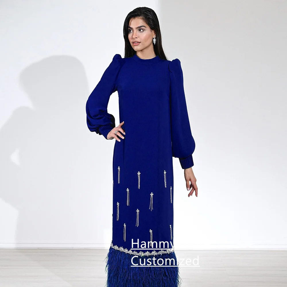 فستان سهرة أخضر أنيق مخصص برقبة عالية وأكمام طويلة مطرز بالريش على شكل حرف A فساتين حفلة موسيقية عربية