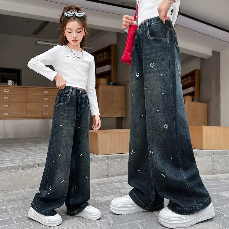 Girls Spring Autumn Pants 2026 New Starry Sky Bright Diamond Bow Jeans Children Hot Stamping Diamond Wide Leg Pants