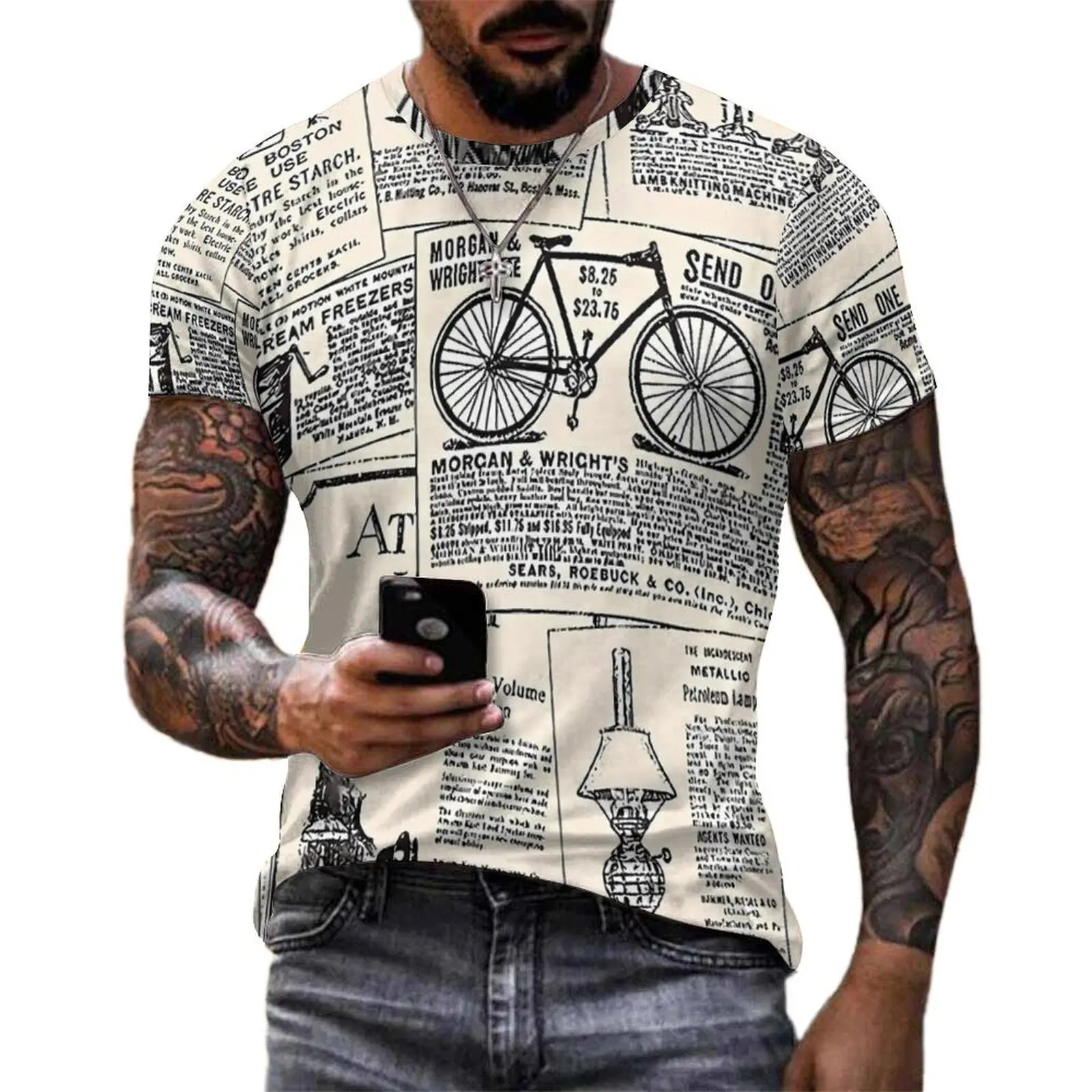 Oversize T Shirt Summer Vintage Newspaper T-Shirts Letter Print Casual Round Neck Tshirt Men Hippie Pattern Tops