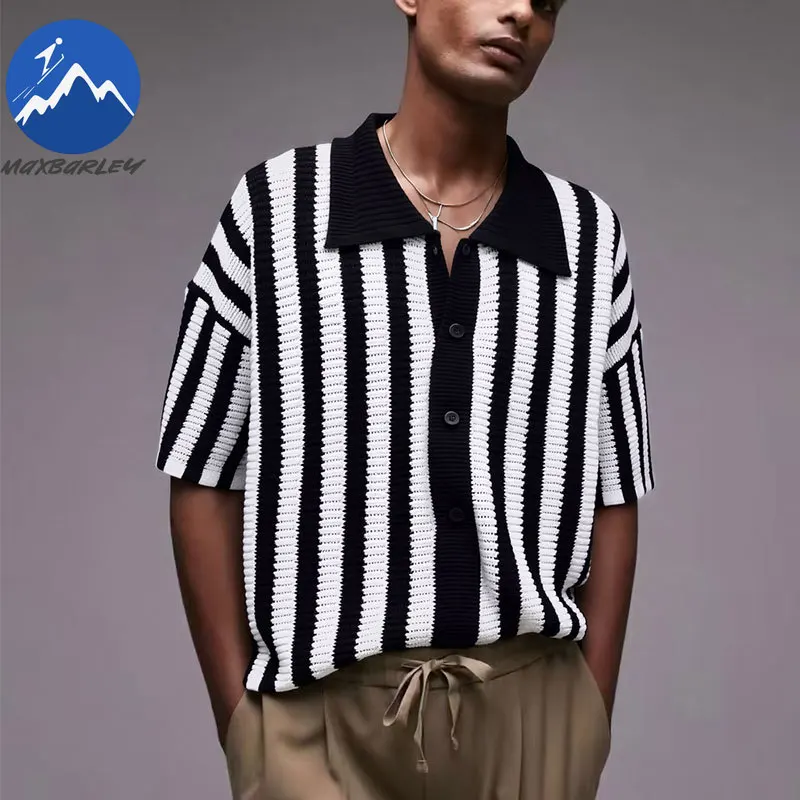 

Рубашки поло в полоску Maxbarley, мужские простые вязаные топы с короткими рукавами и половиной пуговиц, летняя брендовая роскошная футболка с лацканами, мужская одежда