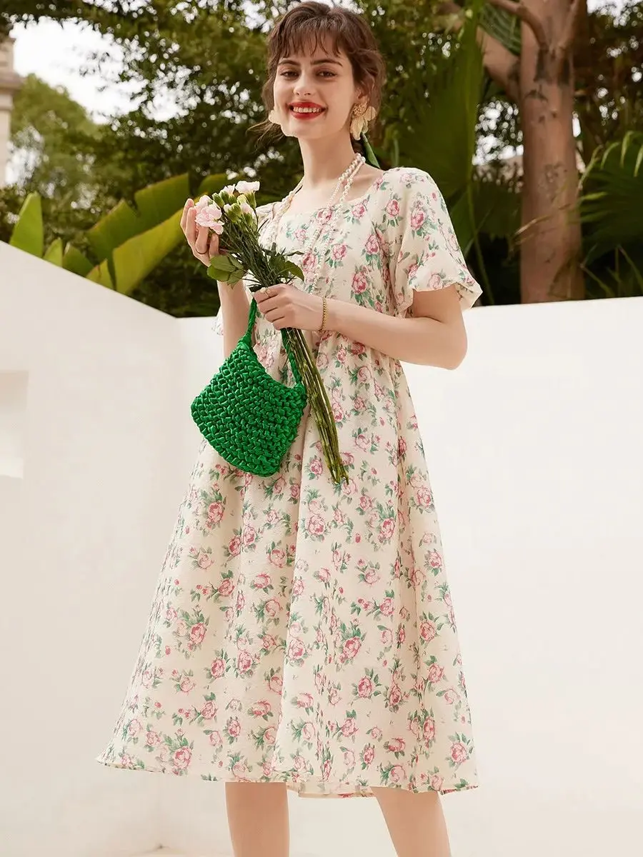 LOUIS YAO Women Floral Dress 2024 Summer Elegant Long Dress Square Neck Puff Short Sleeve A-line Dress